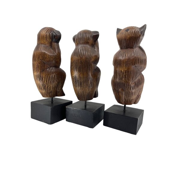HD Wise Monkeys, 11” on Base Carved Wood Hear No Evil See No Evil Speak No Evil - Picture 6 of 12